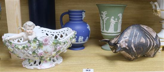 A Rye pottery bull, a Sitzendorf style basket and two Jasperware items